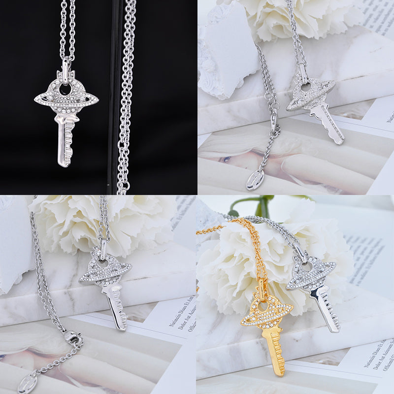 Key Pendant Silver Gem Studded Necklace Gold & Silver (2 Colors)