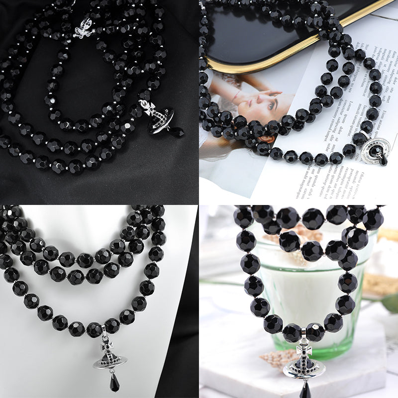 Triple Layer Black Beaded Crystal Water Drop Pearl Orb Pendant Choker Necklace