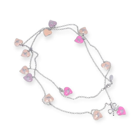 Multi Heart Double Layer Pink Bow & Cream Engraved Pendant Charmed Necklace