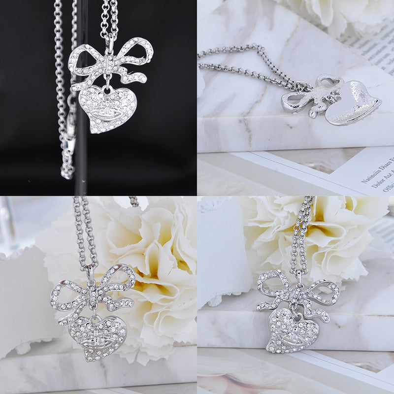 Heart Shaped Gem Studded Orb Pendant Necklace (3 colors)