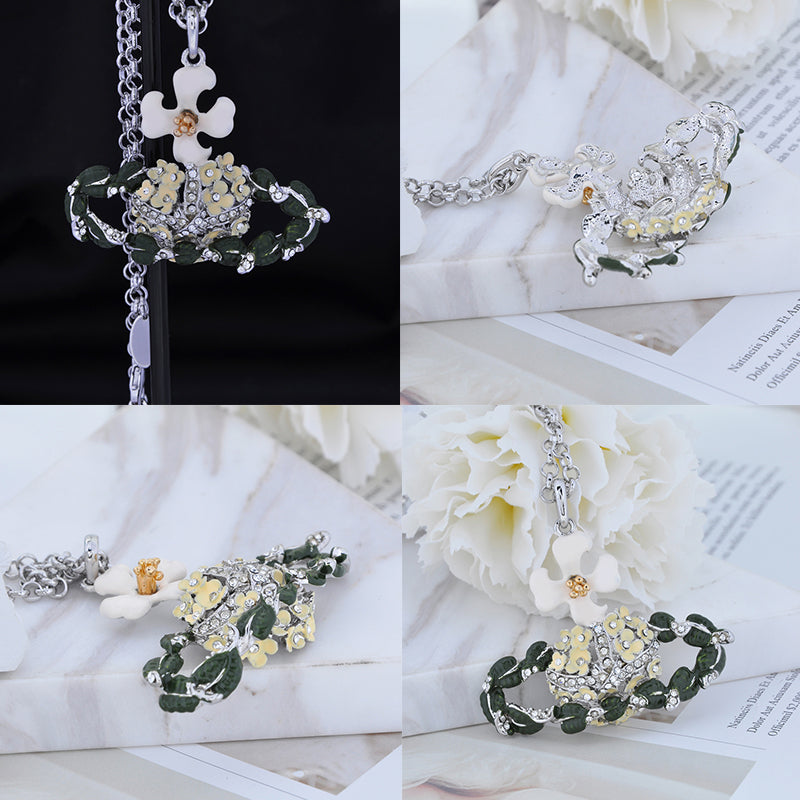 Floral Leaves Garden Gem Studded Orb Pendant Necklace