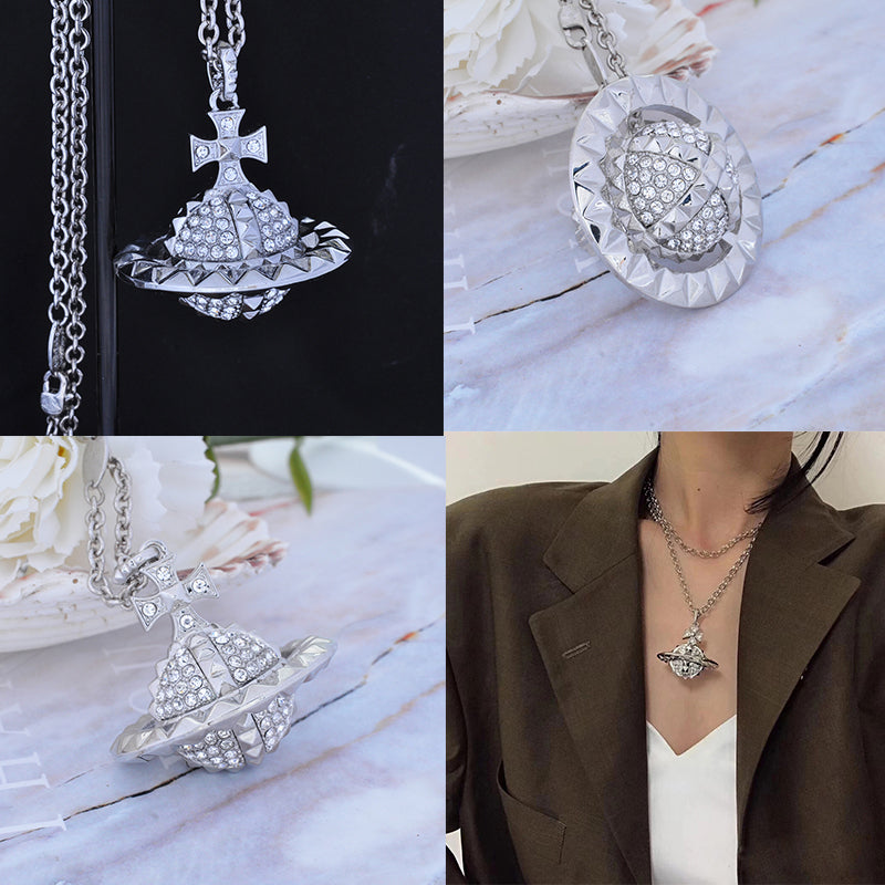 Spiked Edge Rim Gem Studded Orb Pendant Necklace (5 Colors)