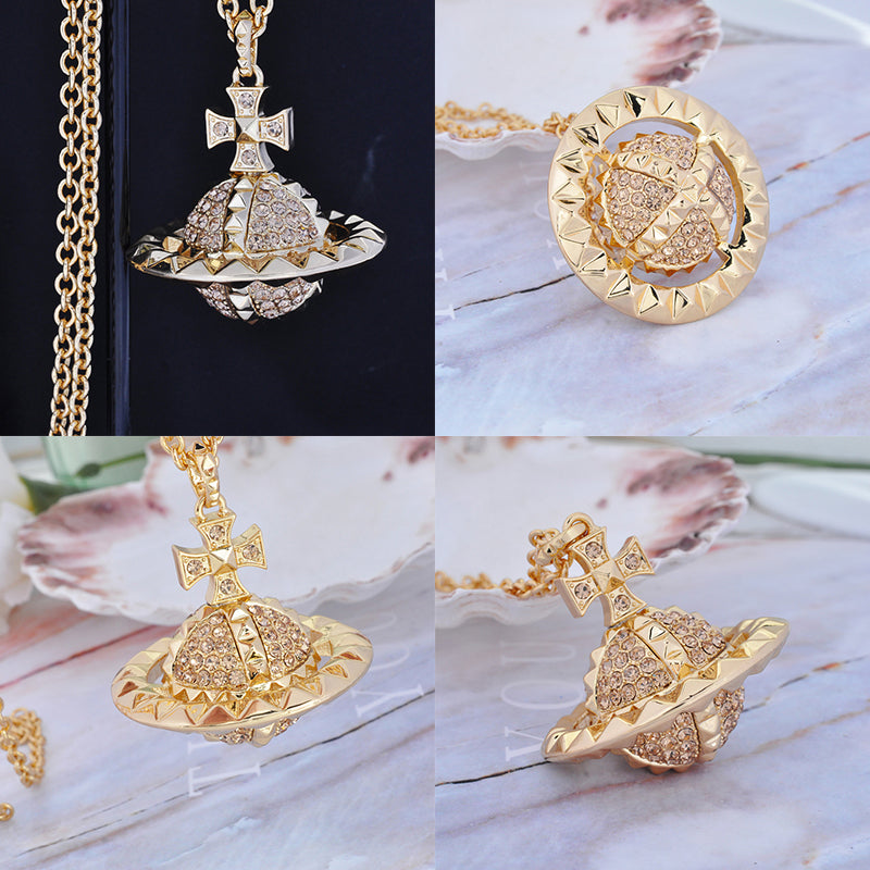 Spiked Edge Rim Gem Studded Orb Pendant Necklace (5 Colors)