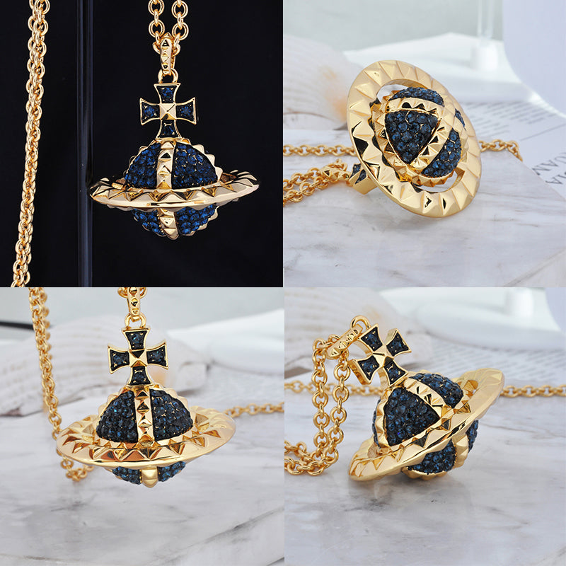 Spiked Edge Rim Gem Studded Orb Pendant Necklace (5 Colors)