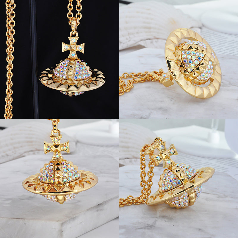 Spiked Edge Rim Gem Studded Orb Pendant Necklace (5 Colors)