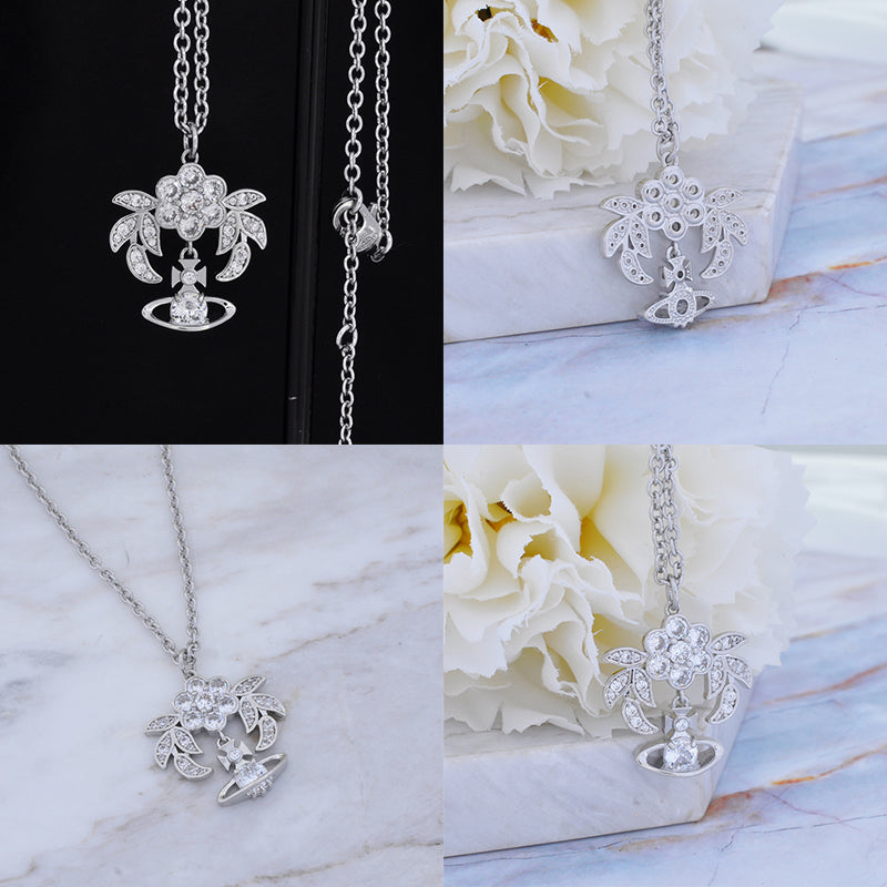 Flower Studded Leaves Mini Gem Orb Hanging Pendant Necklace (4 Colors)