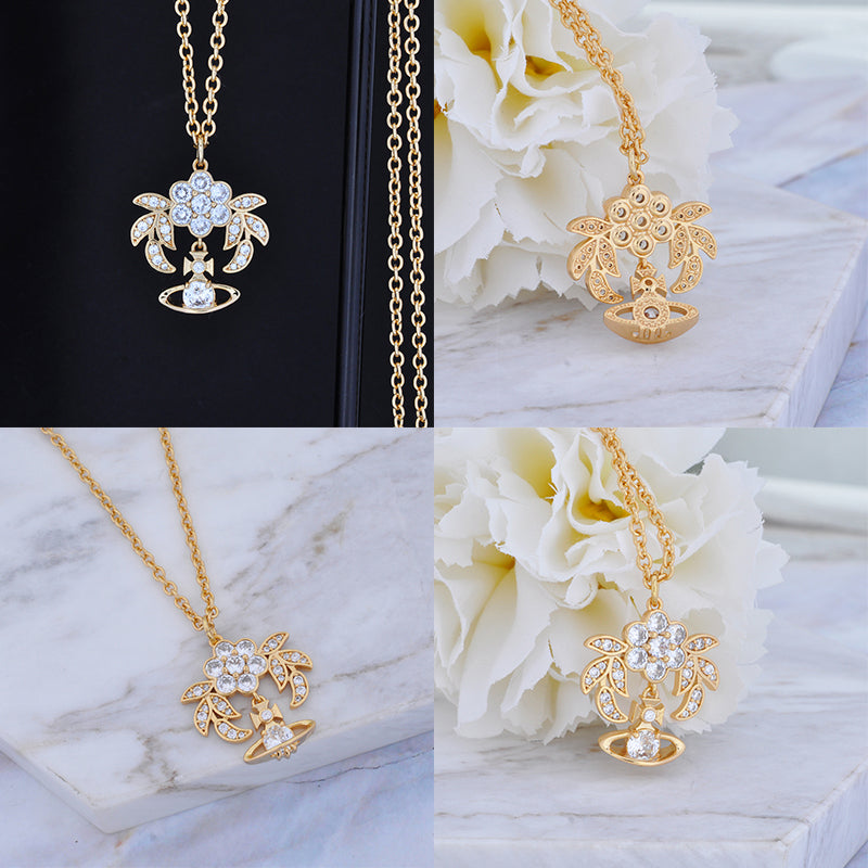 Flower Studded Leaves Mini Gem Orb Hanging Pendant Necklace (4 Colors)