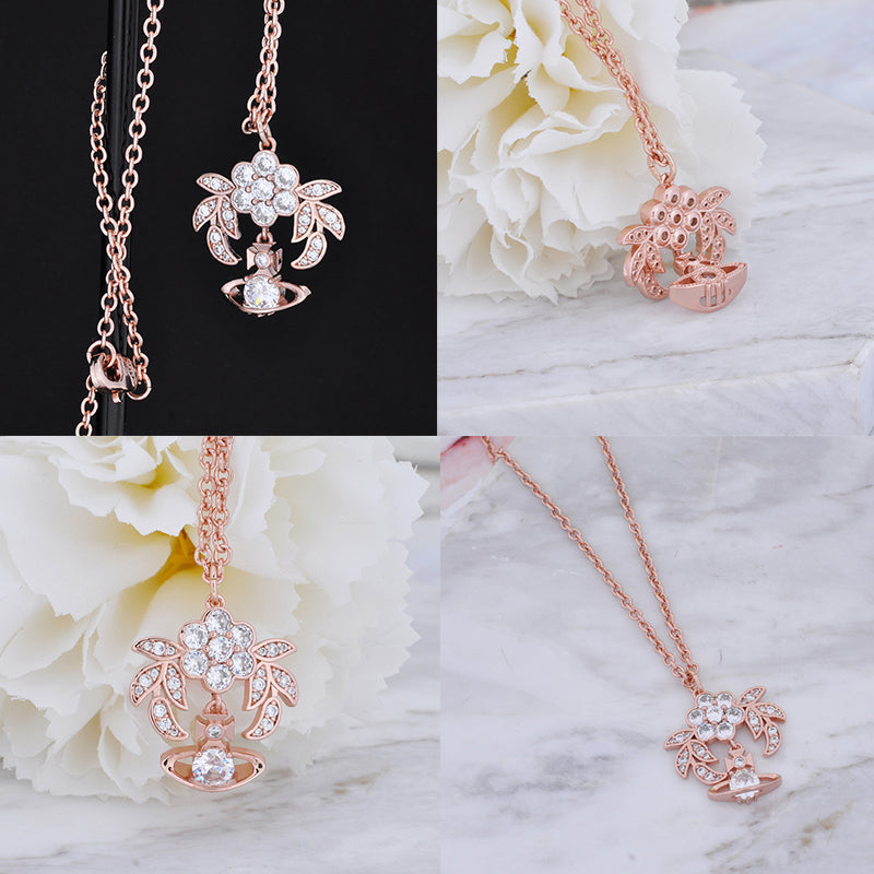 Flower Studded Leaves Mini Gem Orb Hanging Pendant Necklace (4 Colors)