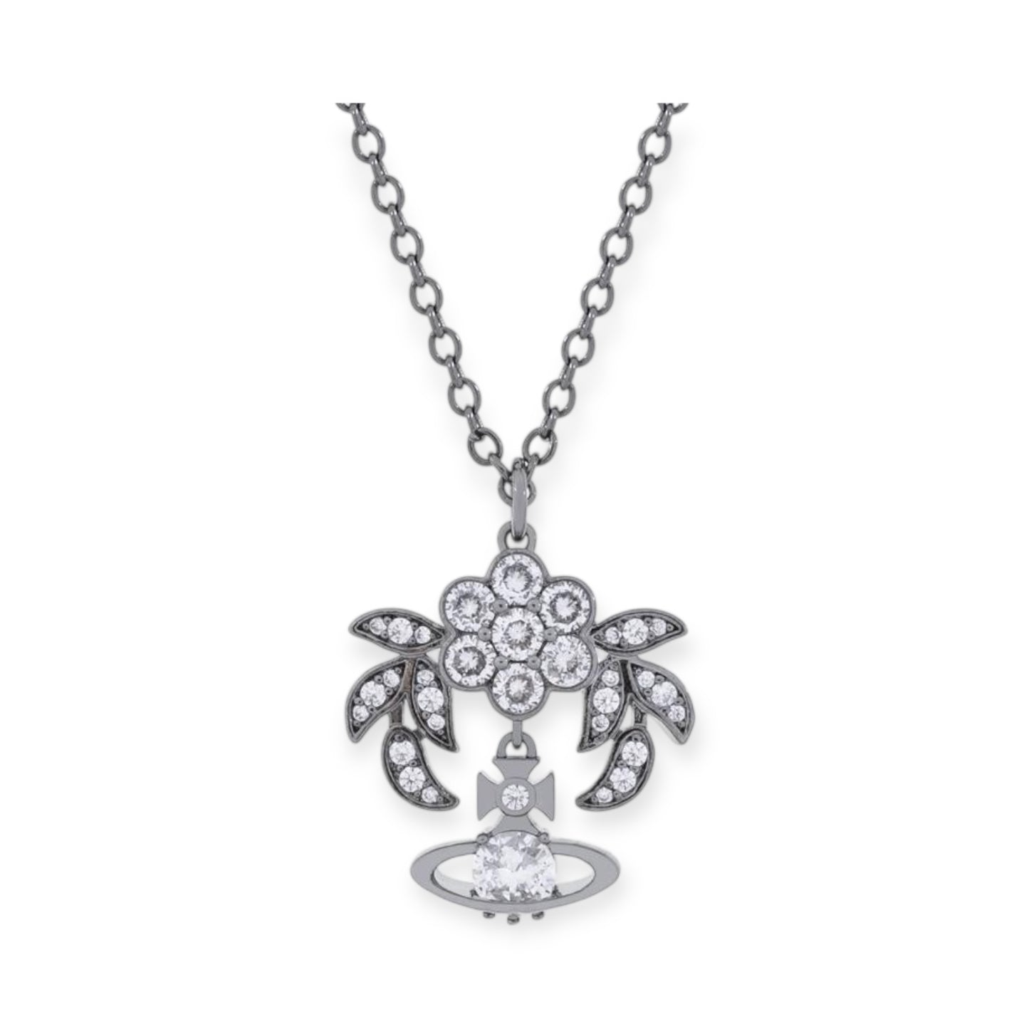 Flower Studded Leaves Mini Gem Orb Hanging Pendant Necklace (4 Colors)