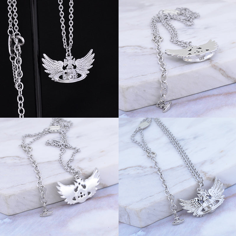 Angel Wings Design Silver Orb Pendant Necklace