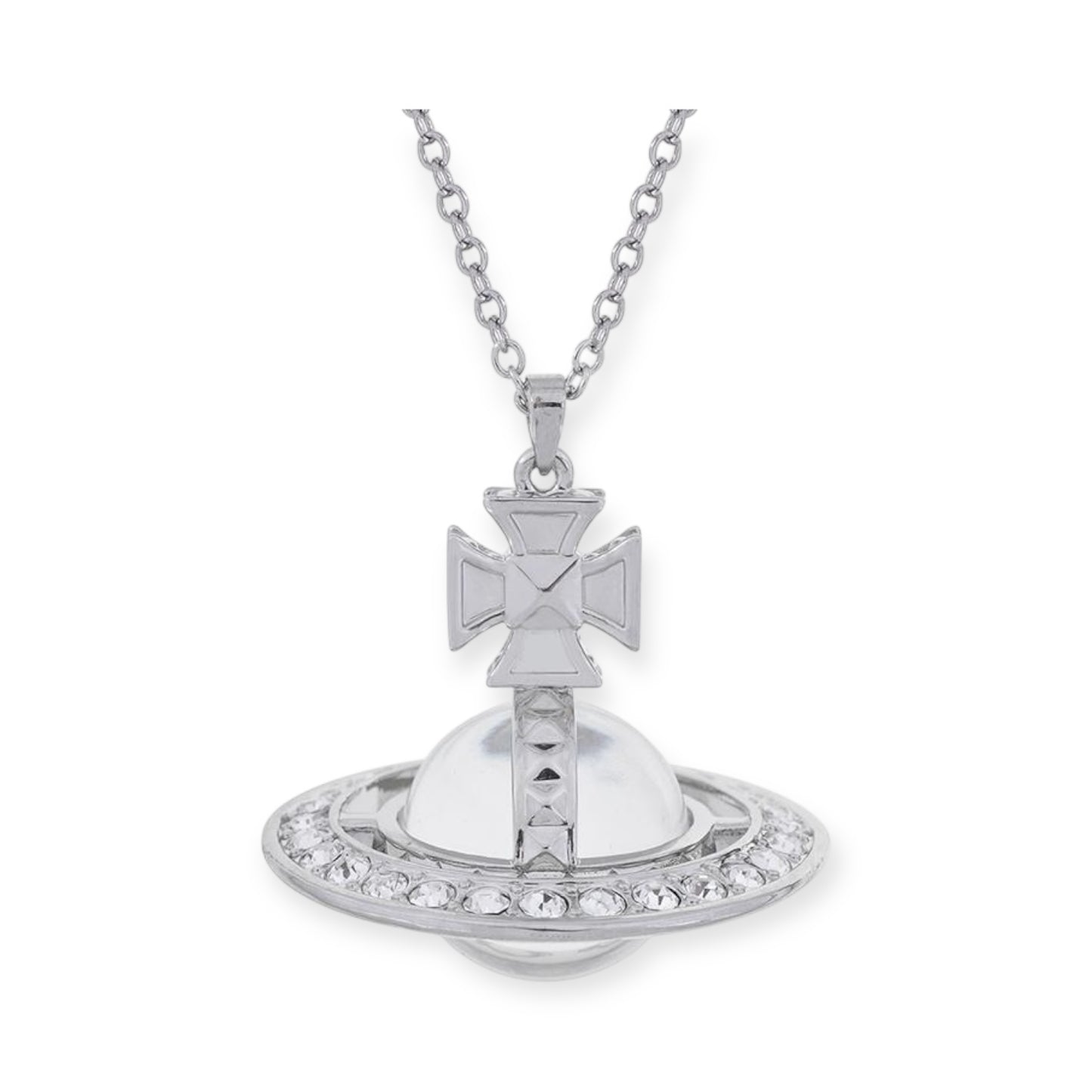 Spiked Edge Gem Studded Rim 3D Cross Clear Orb Pendant Necklace (3 Colors)