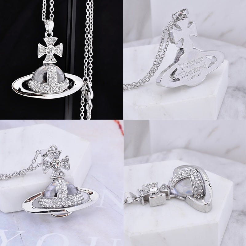 2D Gem Studded Clear Orb Pendant Necklace Gold & Silver (2 Colors & 2 Sizes)