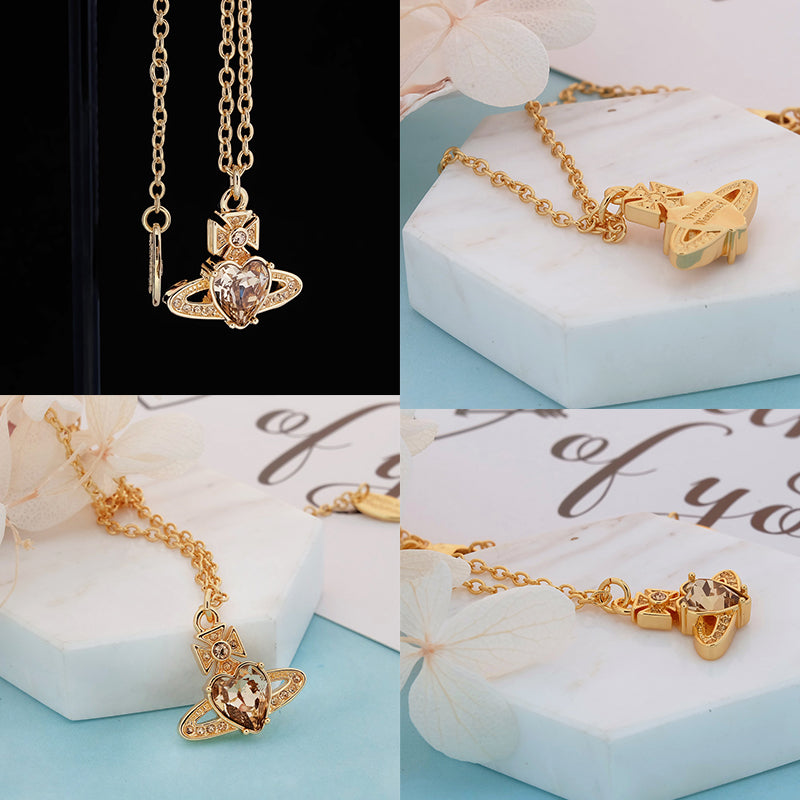 Princess Heart Shaped Gemstone Studded Orb 2D Pendant Necklace (5 Colors)