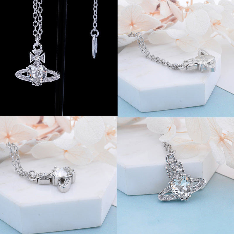 Princess Heart Shaped Gemstone Studded Orb 2D Pendant Necklace (5 Colors)