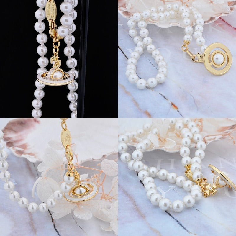 Mini Pearl Orb Hanging Pendant Colored Striped Rim Design Necklace (6 Colors)