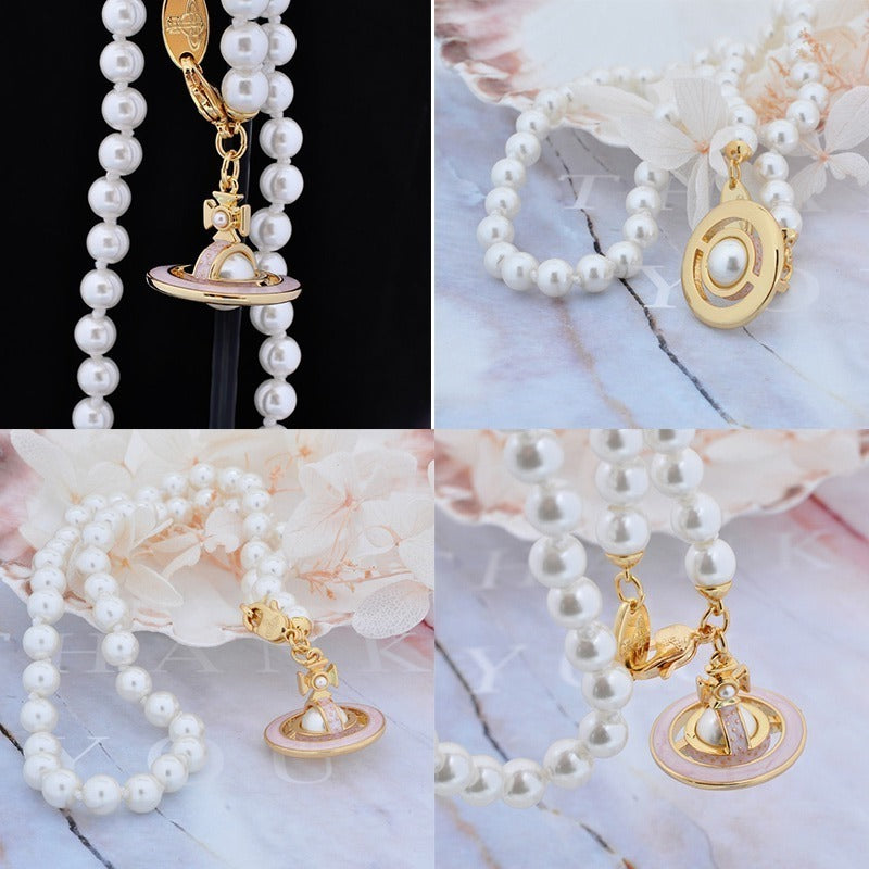Mini Pearl Orb Hanging Pendant Colored Striped Rim Design Necklace (6 Colors)