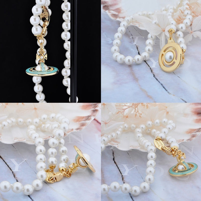 Mini Pearl Orb Hanging Pendant Colored Striped Rim Design Necklace (6 Colors)