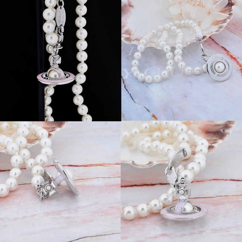 Mini Pearl Orb Hanging Pendant Colored Striped Rim Design Necklace (6 Colors)