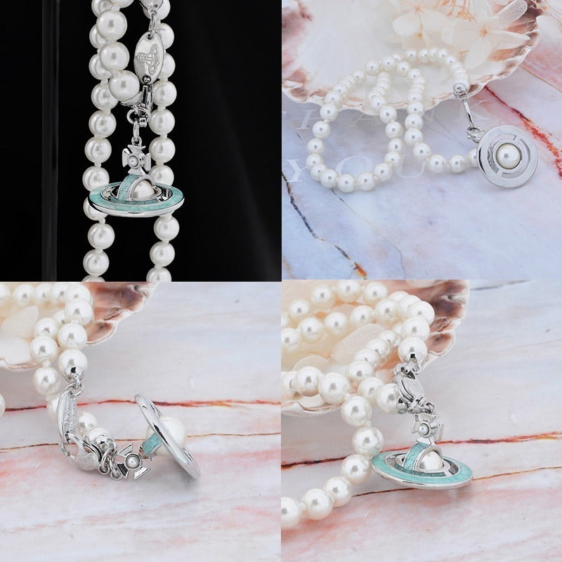 Mini Pearl Orb Hanging Pendant Colored Striped Rim Design Necklace (6 Colors)