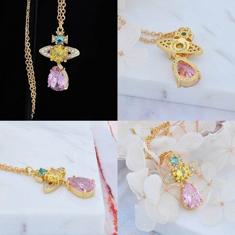 Multicolor Gem Orb Pendant Hanging Tear Drop Necklace (4 Colors)