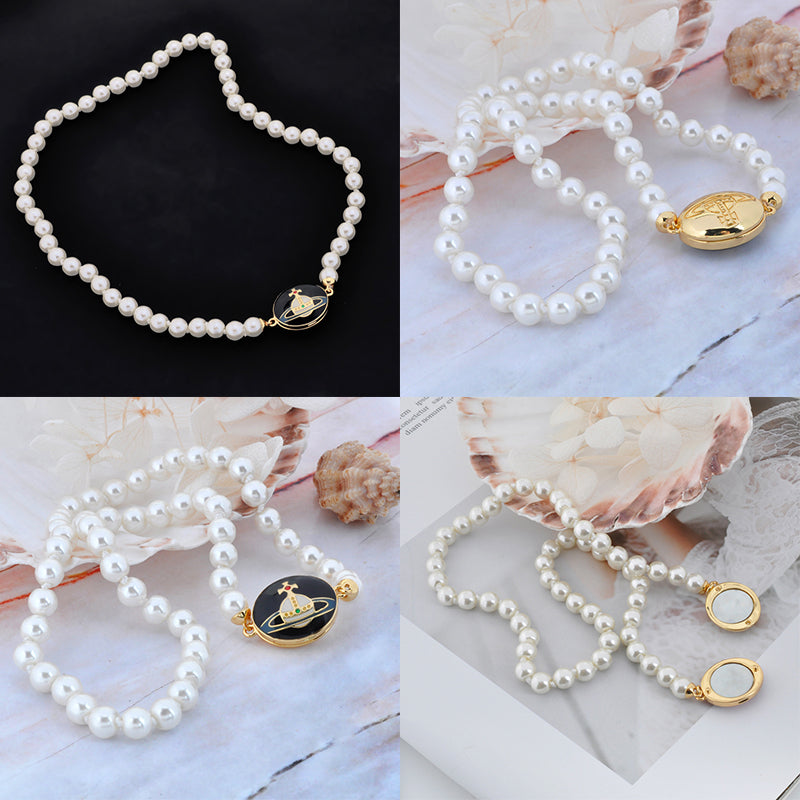 Beaded Pearl Chain Orb Engraved Pendant Magnetic Clasp Choker Necklace (4 Colors)