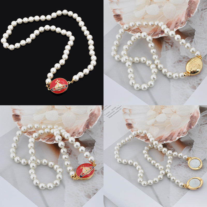 Beaded Pearl Chain Orb Engraved Pendant Magnetic Clasp Choker Necklace (4 Colors)