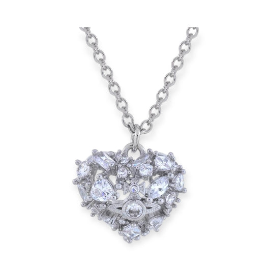 Rhinestone Abstract Heart Design Orb Silver Pendant Necklace