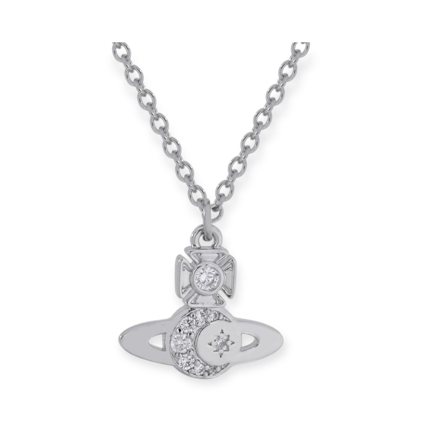 Gem Studded Crescent Moon Stars Display Orb Pendant Necklace Gold & Silver (2 Colors)