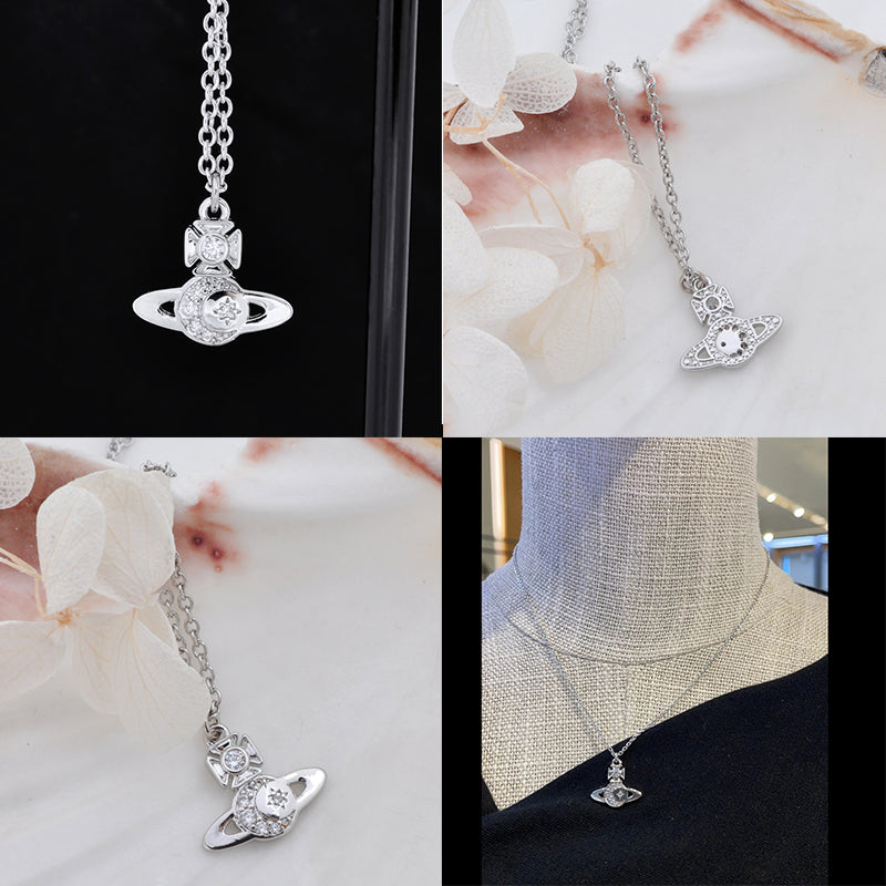 Gem Studded Crescent Moon Stars Display Orb Pendant Necklace Gold & Silver (2 Colors)