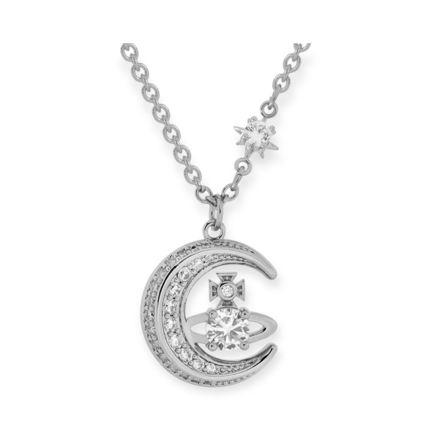 Gem Studded Crescent Moon Orb Pendant Necklace Gold & Silver (2 Colors)