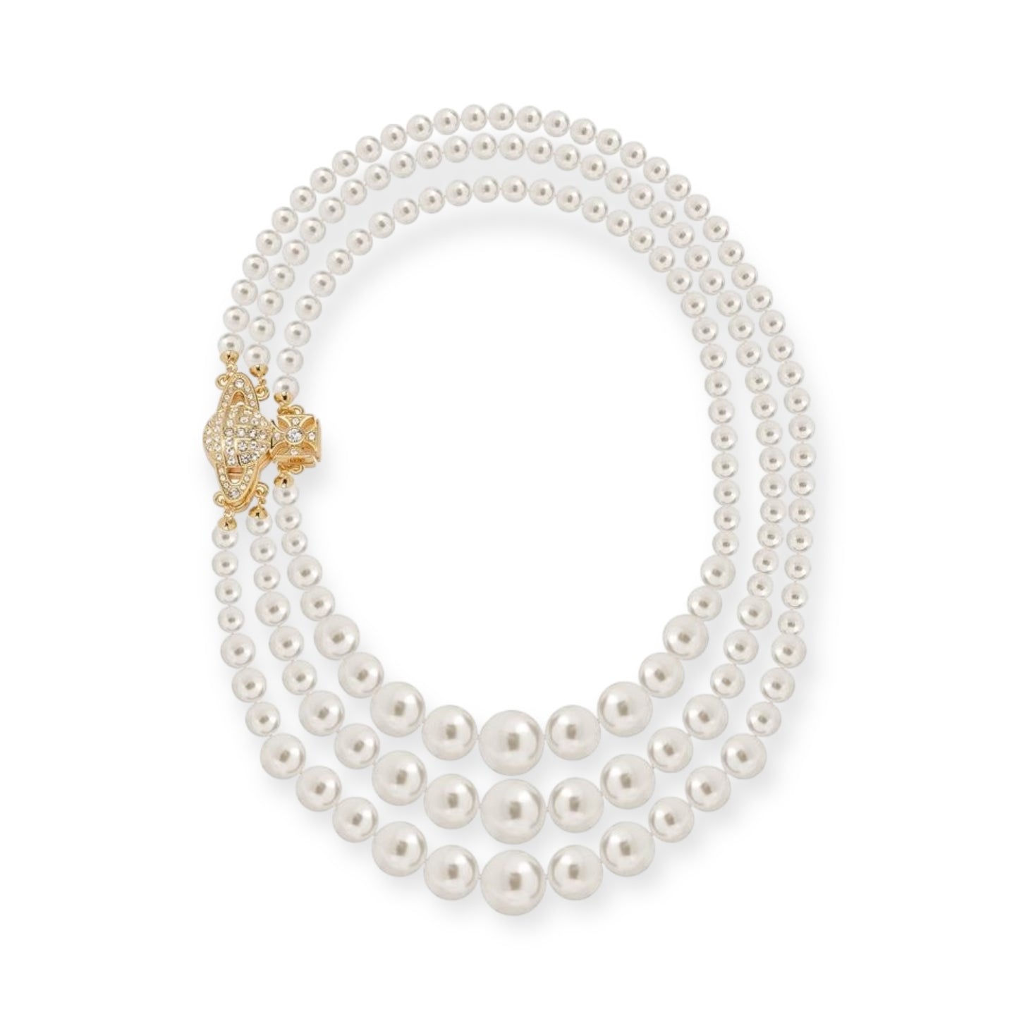 Triple Layer Pearl Sideways Magnet Clasp Gem Studded Orb Pendant Necklace Gold & Silver (2 Colors)