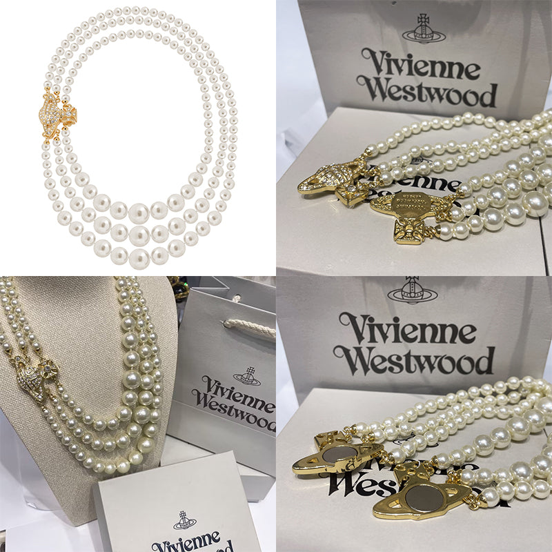 Triple Layer Pearl Sideways Magnet Clasp Gem Studded Orb Pendant Necklace Gold & Silver (2 Colors)