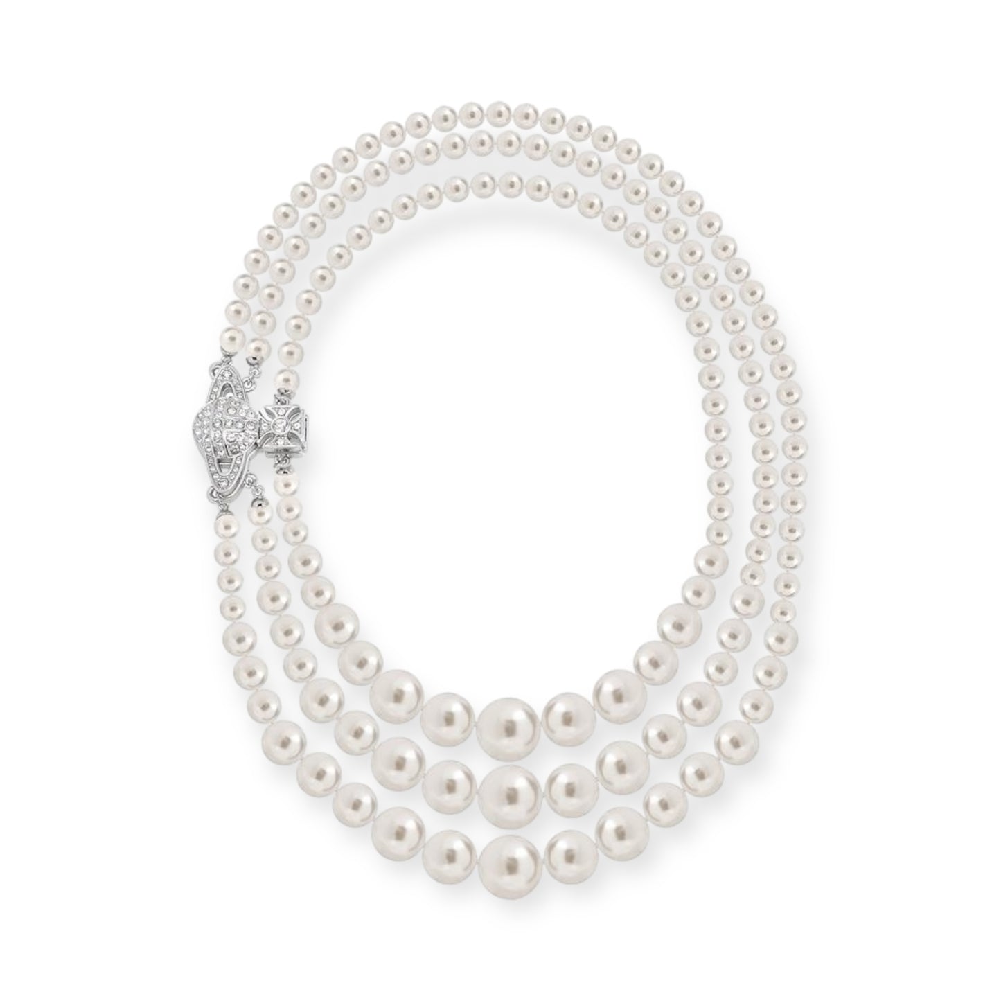 Triple Layer Pearl Sideways Magnet Clasp Gem Studded Orb Pendant Necklace Gold & Silver (2 Colors)