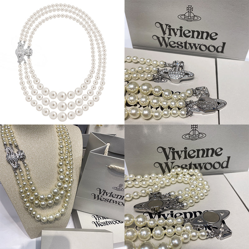 Triple Layer Pearl Sideways Magnet Clasp Gem Studded Orb Pendant Necklace Gold & Silver (2 Colors)