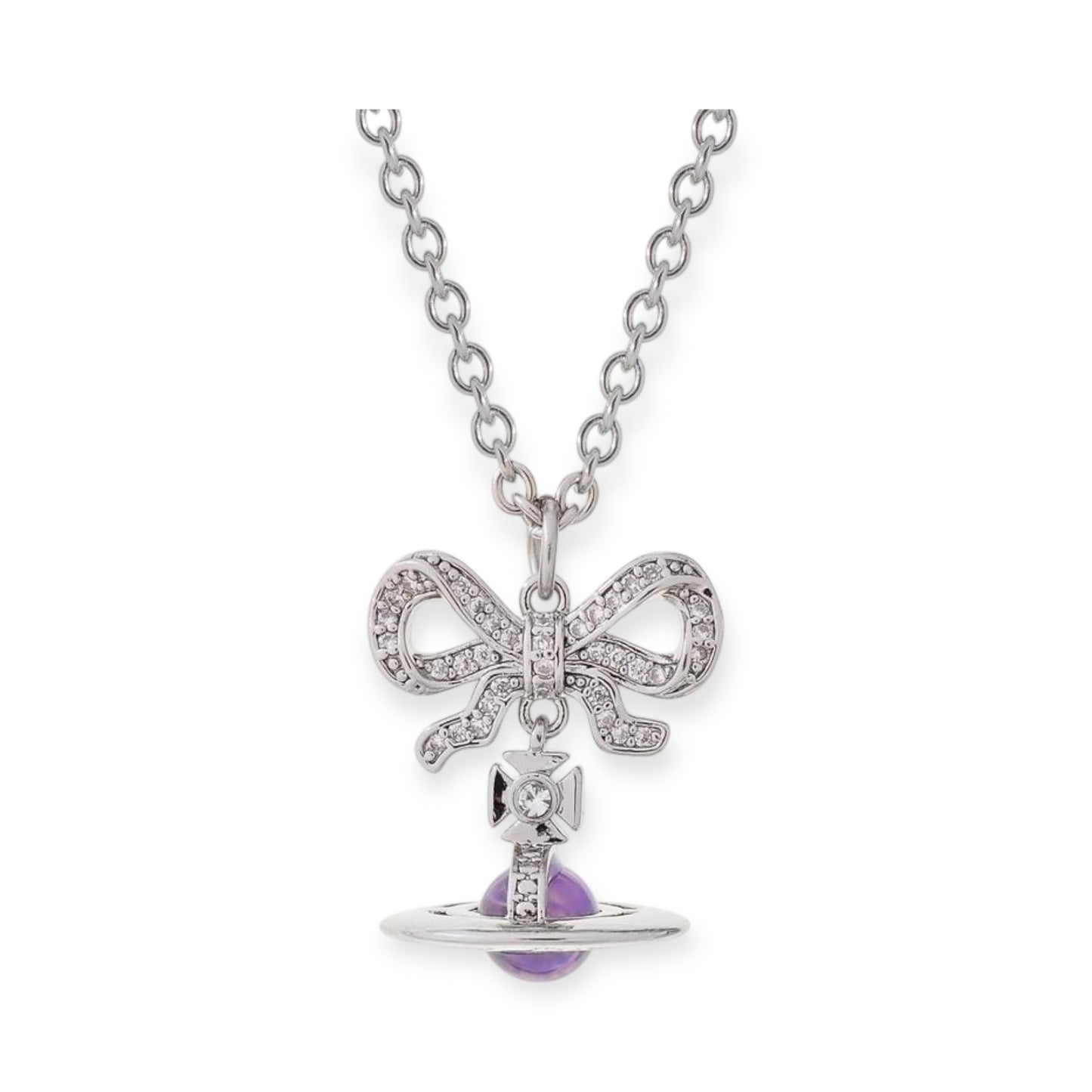 Gem Studded Bow Ribbon Mini Orb Pendant Necklace Pink & Purple (2 Colors, 2 Styles)