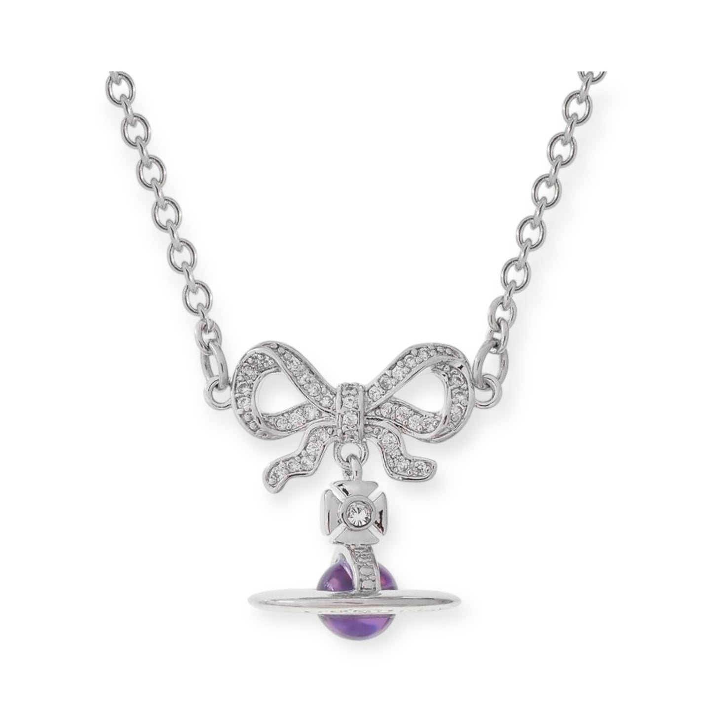 Gem Studded Bow Ribbon Mini Orb Pendant Necklace Pink & Purple (2 Colors, 2 Styles)