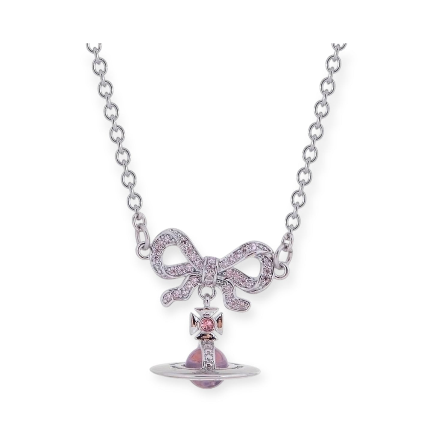 Gem Studded Bow Ribbon Mini Orb Pendant Necklace Pink & Purple (2 Colors, 2 Styles)