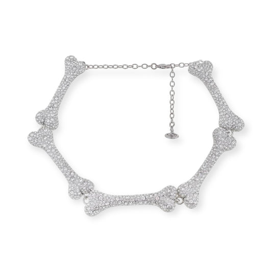 Medium Multi Repeated Bones Silver Gem Studded Choker Necklace