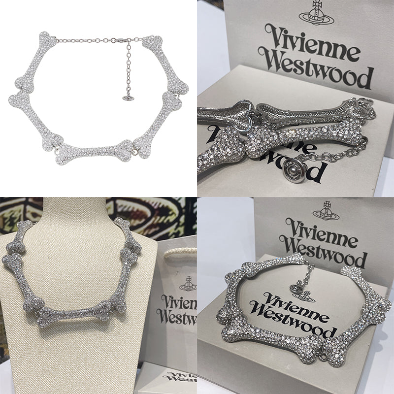 Medium Multi Repeated Bones Silver Gem Studded Choker Necklace