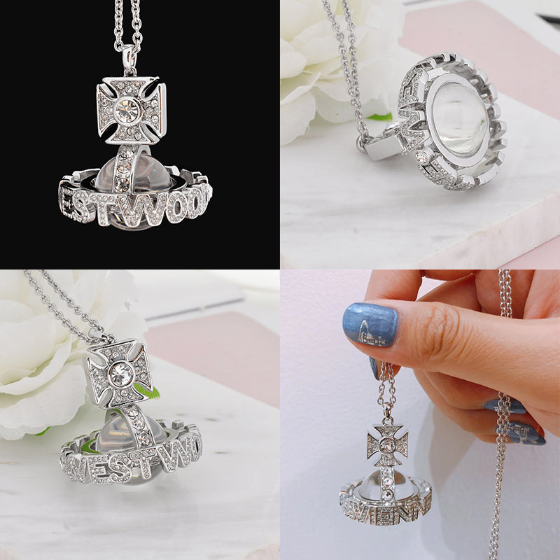 Multi Gem Studded Spellout Text Clear Orb Necklace Gold & Silver (2 Colors)