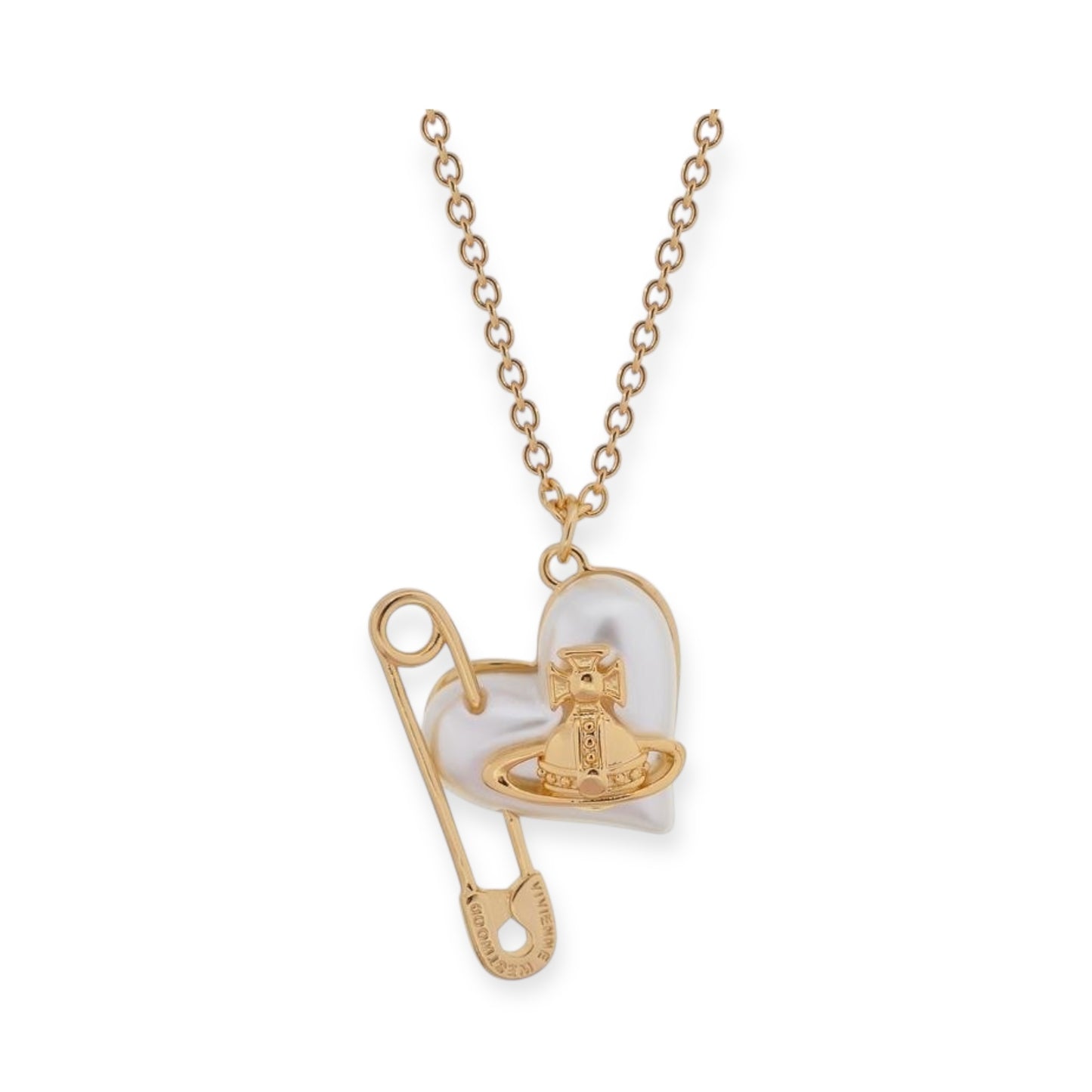 Heart Safety Pin Paperclip Asymmetrical Pearl Orb Design Necklace (3 Colors)