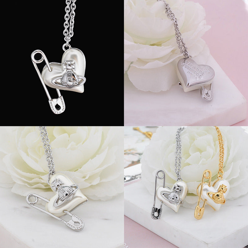 Heart Safety Pin Paperclip Asymmetrical Pearl Orb Design Necklace (3 Colors)