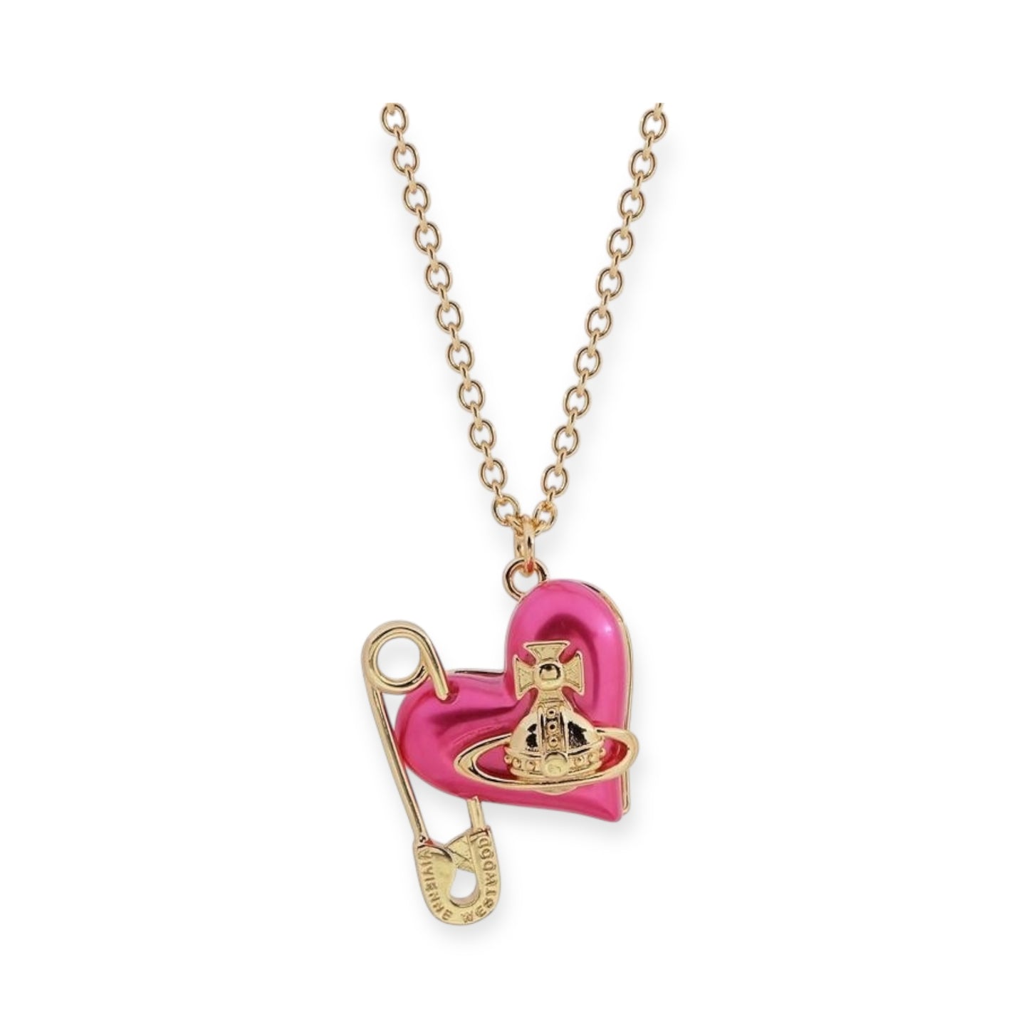 Heart Safety Pin Paperclip Asymmetrical Pearl Orb Design Necklace (3 Colors)