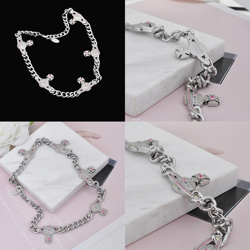 Multi Orb Pendant Chain Link Necklace Silver & Pink (2 Colors)