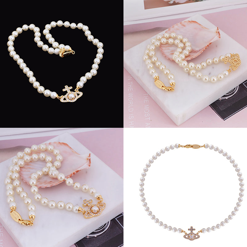 Beaded Pearl Gem Studded Pendant Orb Necklace (3 Colors)