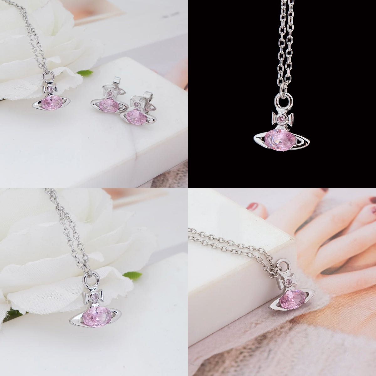 Mini Oval Gemstone Orb Pendant Necklace Pink & Green (2 Colors)