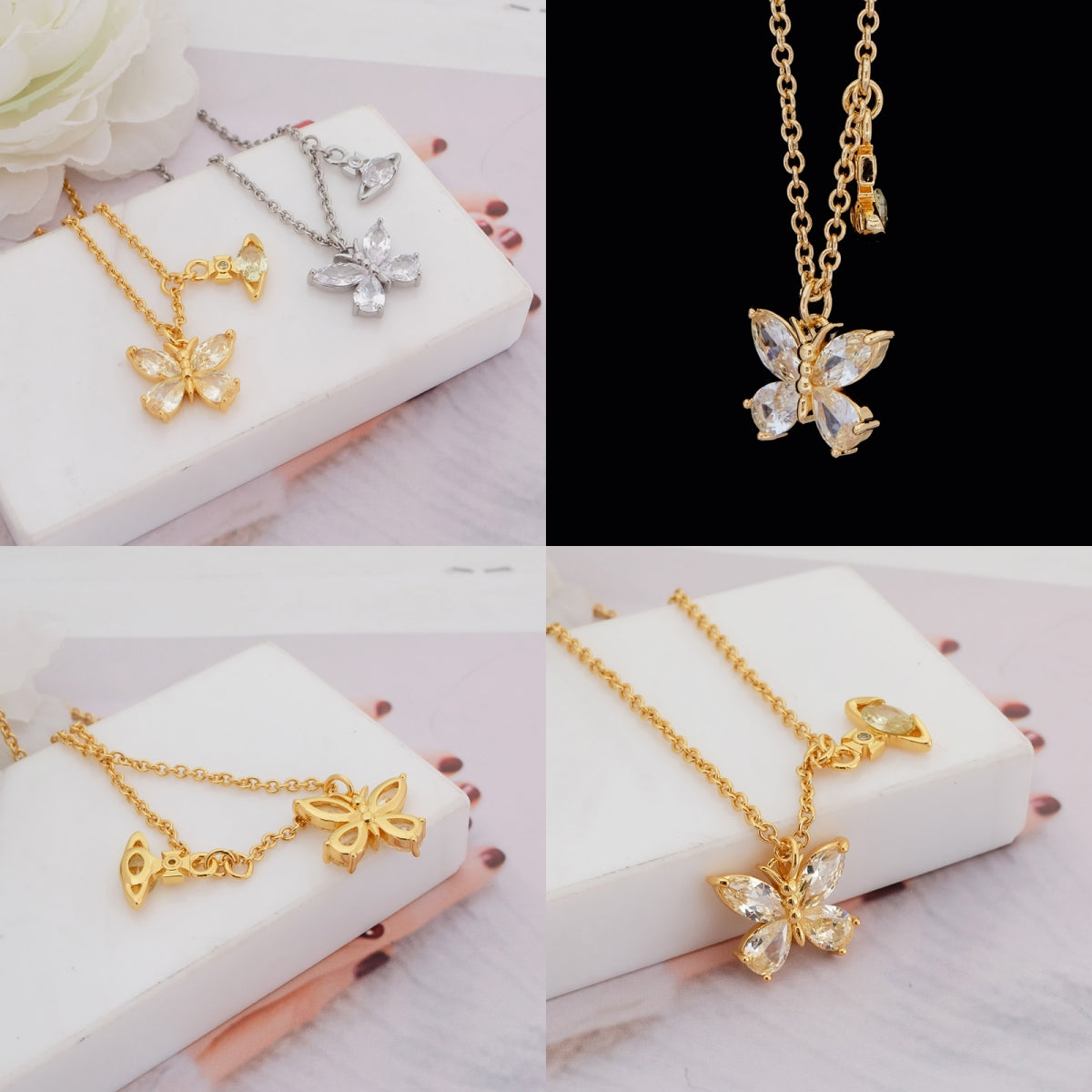 Butterfly Gemstone Orb Pendant Necklace (4 Colors)