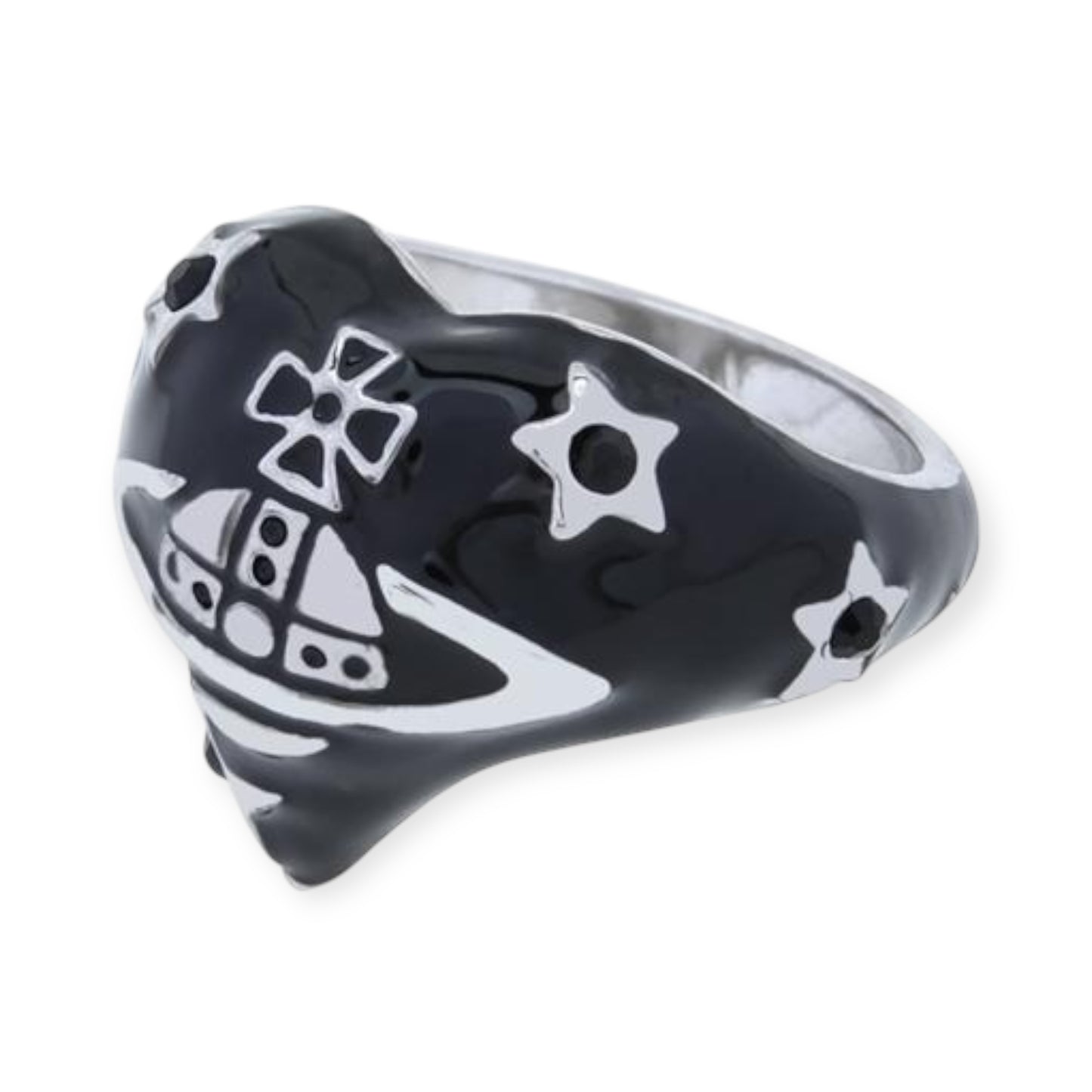 Heart Shape Asymmetrical Star Gem Studded Orb Engraved Ring (3 Colors)
