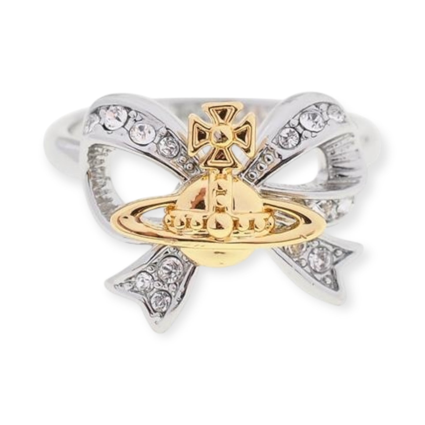 Gem Studded Ribbon Bow Orb Pendant Silver & Rose Gold Ring (2 Colors)